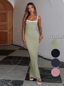 Women's Contrast Trim Cami Dress, Casual Sleeveless Maxi Dress for Summer, Ladies Clothes for Daily Wear