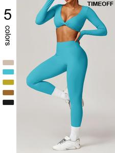 TIMEOFF Jinammonia fabric skin-friendly soft quick-drying breathable Women's Butterfly-shaped Pleated Low-cut Long-sleeved High-waist Hip-lifting Trousers Yoga suit Outdoor Running and Cycling Fashion suit Gym Sports Training All-match Long-sleeved Trouse