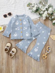 Toddler Girl's Floral Print Button Front Cardigan Jacket & Ruffle Hem Flare Leg Pants Set, Casual Cute 2 Piece Outfits for Little Girls Spring & Fall, Kids Clothes, Children Baby Girl Clothes Sets, Casual Fashion Set