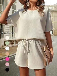 Two-Piece Set Women's Plain Waffle Round Neck T-shirt & Shorts Set, Casual Batwing Sleeve Tee & Drawstring Waist Shorts, Summer Outfits 2024, Women's Summer Clothes