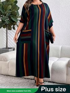Women's Plus Size Striped Print Pocket Tunic Dress, Casual Short Sleeve Round Neck Dress for Summer, Women's  Clothing for Daily Wear