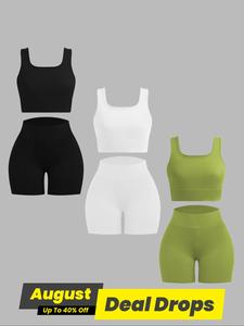Women's Solid Crop Tank Top & High Waist Shorts Ribbed Set, Casual Sleeveless Square Neck Crop Top & Skinny Shorts, Ladies Summer Outfits 2024 for Daily Wear, Gym Workout Clothes, Workout Gym Clothing
