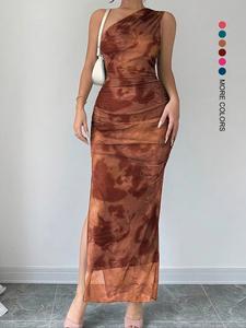 Women's Tie Dye Print One Shoulder Dress, Elegant Sleeveless Evening Party Gown, Ladies Summer Clothes