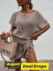 Women's Solid Color Hollow Out Knit Sweater Dresses, Casual Trendy Boho Fashion Round Neck Fit Adjustable Drawstring Dresses, Ladies Summer Clothes for Daily Wear, White Minimalist Womenswear
