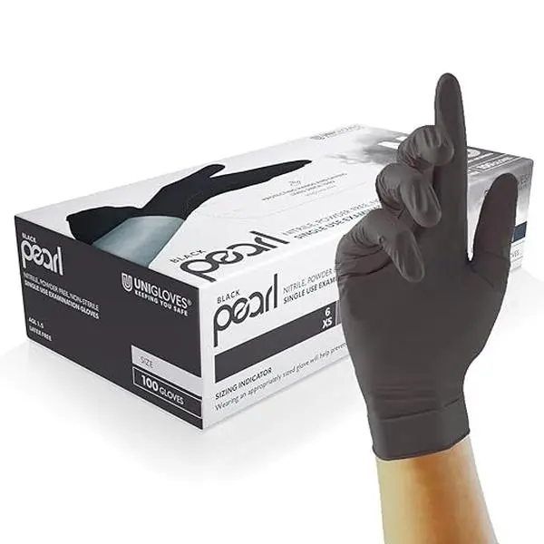 Unigloves Black Pearl Nitrile Examination Gloves - Multipurpose, Powder Free and Latex Free Disposable Gloves - Box of 100 Gloves, Black, Large