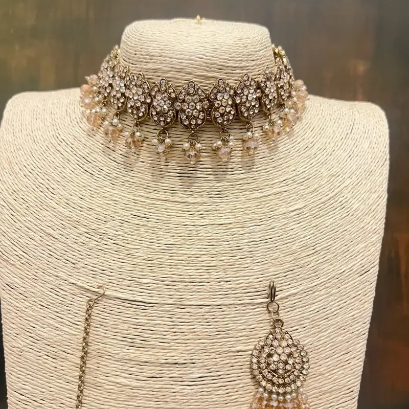 Gold Choker Set with Tikka and Jhumkas for Women 1