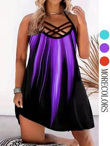 Plus Size Colorblock Criss Cross Cut Out Cami Dress, Casual Sleeveless Spaghetti Strap Short Dress for Summer, Women's Plus Clothing for Daily Wear, Colorblock Print Dress