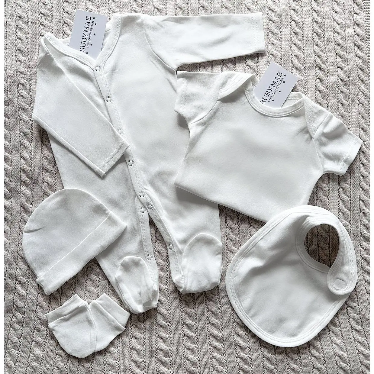 Unisex Cream 5 Pack Babygrow, Vest, Bib, Hat & Matching Mitts
