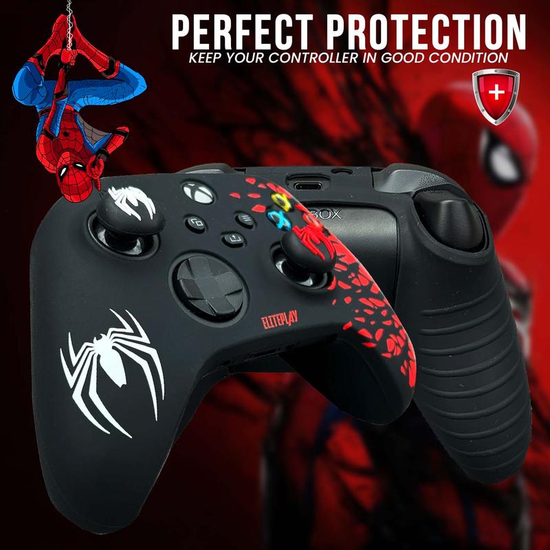 Black and Red Spider Anti-Slip Silicone Cover Skin for Xbox Controller with 2 Sets Thumb Grips 5
