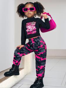 Girl's Car Print T-shirt & Camo Print Pants Two-piece Set, Casual Mock Neck Long Sleeve Tee & Trousers for Spring & Fall, Kids Clothes for Daily Wear