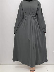 Arabic Clothing Solid Long Sleeve Round Neck Belted Maxi Arabian Dress, Modest Long Kaftan Dresses for Women, Abayas for Women, Modesty Clothing Dress, Islamic Dresses, Modestfashion, Modest Solid Color Style Dress, Maxidresses, Islamic Clothes