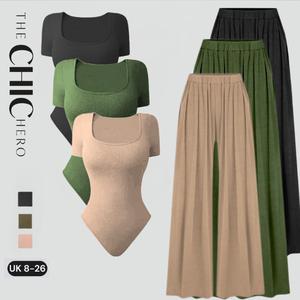 Chic Hero Outfit Set - Long Sleeve Crop Tee & Wide Leg Pants - Comfortable Fit for All-Day Wear - Premium Materials - UK Sizes 8-26 - Stylish & Versatile Women's Clothes autumn  set black  friday  sale women  outfits Ribbed Tie Side Two-piece Set