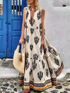 Women's All Over Print Dress, Boho Sleeveless Long Dress for Beach Holiday Vacation, Ladies Summer Clothes, Holiday Dresses, Womenswear