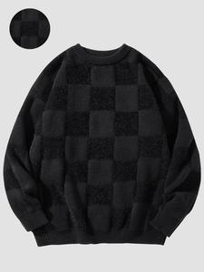 Men's Plaid Pattern Drop Shoulder Sweater, Regular Fit Casual Long Sleeve Round Neck Jumper for Fall & Winter, Fashion Men's Knitwear for Daily Wear