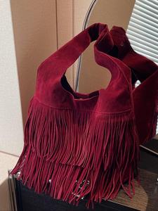 Women's Elegant Tassel Decorated Suede Shoulder Bag, Retro Fashionable Large Capacity Bag, Casual Trendy Versatile High-end Commuting Bag