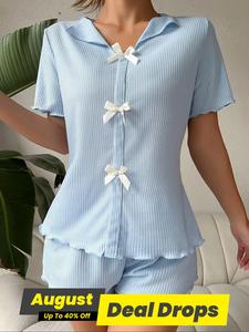 Women's Plain Bow Decor Ribbed Pajama Two-piece Set, Casual Elegant Short Sleeve Top & Shorts Pajama Set, Ladies Summer Sleepwear, Pjs, Womenswear, Loungewear, Homewear, Summer Pajamas Set