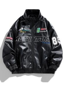 Men's Letter & Number Embroidery Pocket Zip Up Jacket, Regular Fit Casual Funnel Neck Long Sleeve Outerwear for Fall & Winter, Men's Clothes for Daily Wear