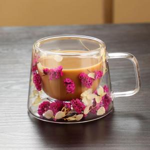 200ml Flower Design Glass Coffee Mug, 1 Count Double Wall Clear Glass Cup with Handle, Heat Resistant Coffee Cup, Milk Cup, Juice Cup, Drinkware for Home and Office, Holiday Gift