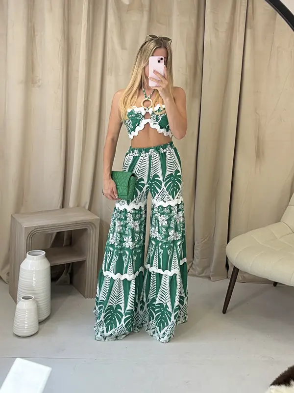Holiday Print Floaty Two Piece Summer Set Trousers and Bralet Co Ord Summer Holiday Evening Outfit Tropical Print Tie Neck Crop Top Wide Leg Trousers 6