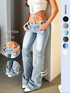 NVfelix Women's Vintage Inspired Stretch Bootcut Jeans - Low Rise, Double Button Closure with Flap Pockets