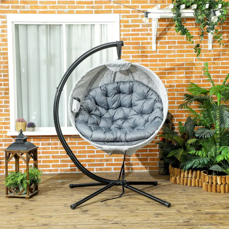 Grey Hanging Egg Chair with Stand Thick Cushion and Cup Holder for Garden or Balcony by Outsunny 7