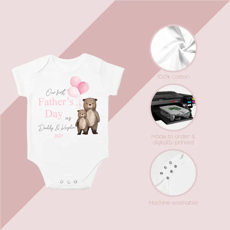 Personalised Pink Balloon Bears First Father's Day Babygrow/Vest 4