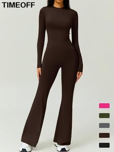 TIMEOFF Two piece women's skin friendly comfortable fabric round neck long sleeved flip waist flared pants sports suit  outdoor hiking and cycling fashionable casual sports suit