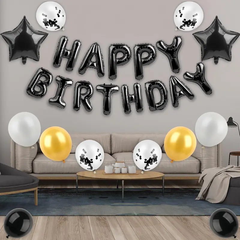 25 Pcs Birthday Balloon Banner - Happy Birthday Balloons, Decorations - 3D Foil Letter & Star (Black) 4