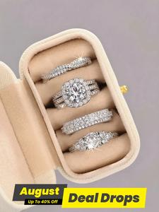 Women's Elegant Rhinestone Decorated Engagement Rings Set, Solitaire Stackable Rings, Exquisite Trendy Bride Ring Set, Princess Ring, Fashionable Jewelry for Women As Engagement Anniversary Wedding Party Decor