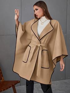 Women's Contrast Binding Belted Cloak Sleeve Coat, Elegant Pocket Long Sleeve Waterfall Neck Outerwear for Fall & Winter, Women's Clothing for Daily Wear