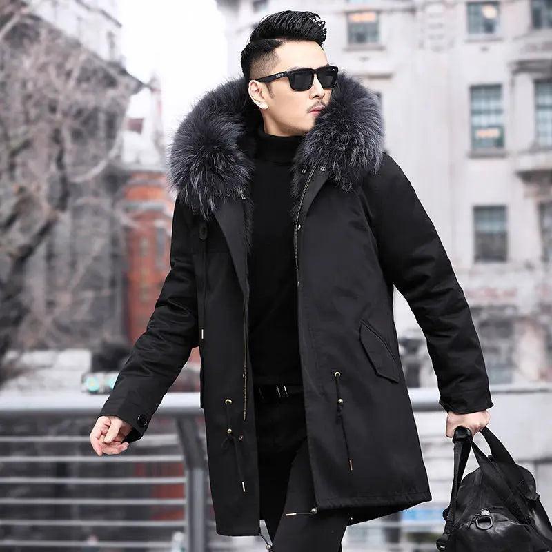 HANZANGL Men's Fur Coat 2022 Winter High Quality Fashion With Fur Hooded Lined Thick Warm Parkas Outerwear Mid-length With Long Menswear Jackets Clothing Casual Fabric Sleeve Zipper Collar Layer Relaxed Fit Stylish Tops 3