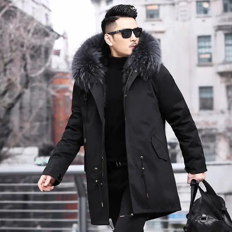 HANZANGL Men's Fur Coat 2022 Winter High Quality Fashion With Fur Hooded Lined Thick Warm Parkas Outerwear Mid-length With Long Menswear Jackets Clothing Casual Fabric Sleeve Zipper Collar Layer Relaxed Fit Stylish Tops 3