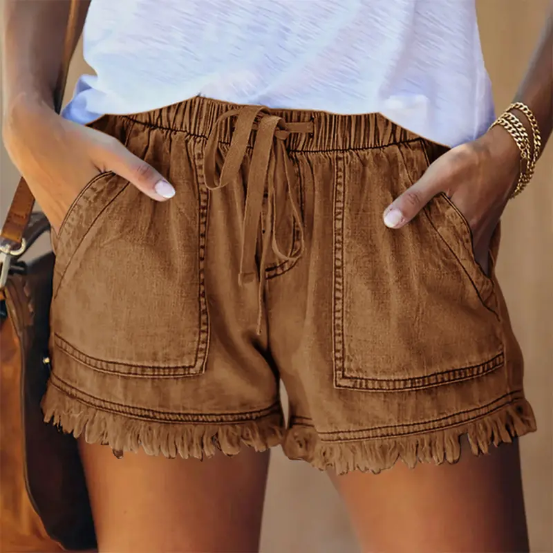 Women's Plain Drawstring Waist Denim Shorts, Casual Fashion Pocket Shorts for Daily Wear, Ladies Summer Bottoms, Shorts for Women 7
