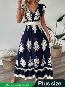【Plus Size】Ethnic Pattern V Neck Dress, Boho Cap Sleeve Long Dress for Beach Holiday Vacation, Women's Clothes for Summer, Bohemian Womenswear, Lady