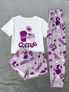 Plus Size Coffee Print Tee & Pants & Shorts Pyjama Set, Casual Comfy Round Neck Short Sleeve T-shirt & Trousers & Shorts PJ Set, Women's Sleepwear for All Seasons