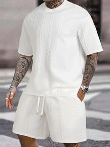 Two-piece Set Men's Textured Stretch Fabric Drawstring Waist Shorts Set, Fitted Short Sleeve Crew Neck T-shirt & Pocket Track Shorts, Casual Fashion Cozy Plain Men Two-piece Outfits for Spring & Fall, Menswear, Summer Clothes Casual Matching Set