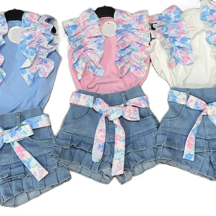 Ginger Ivy: THE FLOWER POWER summer ruffle top with denim fashion shorts to match for girls kids 2 0