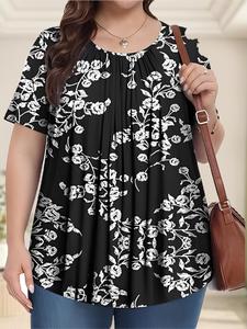 【Plus Size】 All Over Print Round Neck Tee, Casual Short Sleeve Crew Neck T-Shirt for Summer, Women's Plus Clothing for Daily Wear