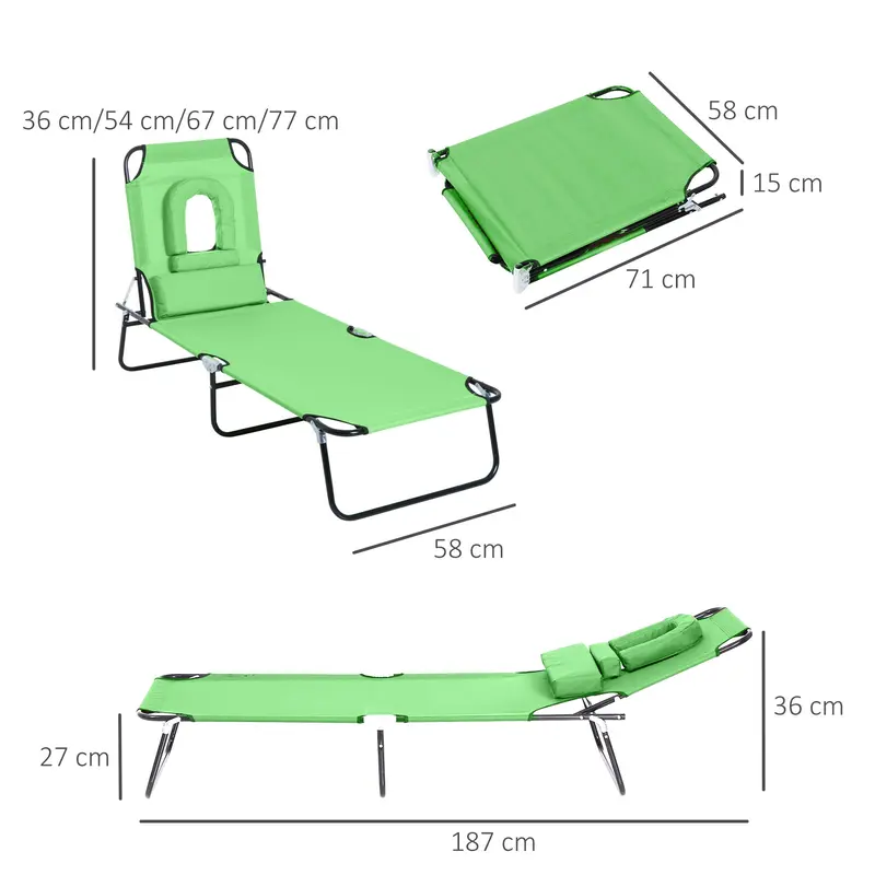 Outsunny Outdoor Folding Sun Lounger with Face Hole, 4 Level Adjustable Backrest Reclining Garden Lounger, Garden Recliner Sunbed with 600 D Oxford Cloth Seat and Pillow for Beach, Green 2