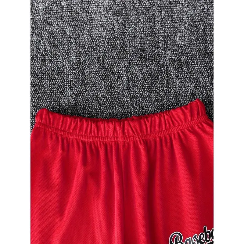 [Playtime Apparel] Boys' Dreamy Dresses Summer Baseball Jersey & Shorts Set - Red with Black Lettering, Casual Polyester Outfit with Elastic Waistband, Perfect for Playtime, Perfect for Outdoor 4