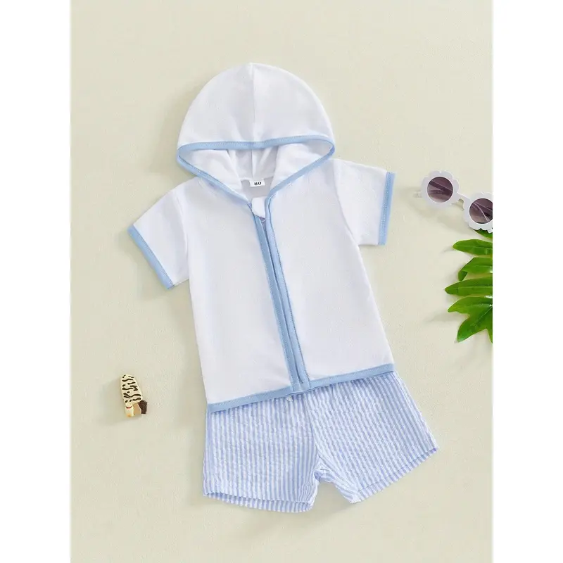 Toddler Boys Beach 2PC Outfit, Zipper Hoodie  Stripe Print Quick-Dry Shorts Set For Summer Swim Cover Up 2