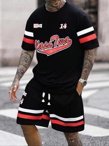 Men's Letter Print Short Sleeve Tee & Shorts Set, Regular Fit Casual Round Neck T-shirt & Track Shorts, Summer Clothes Set for Men