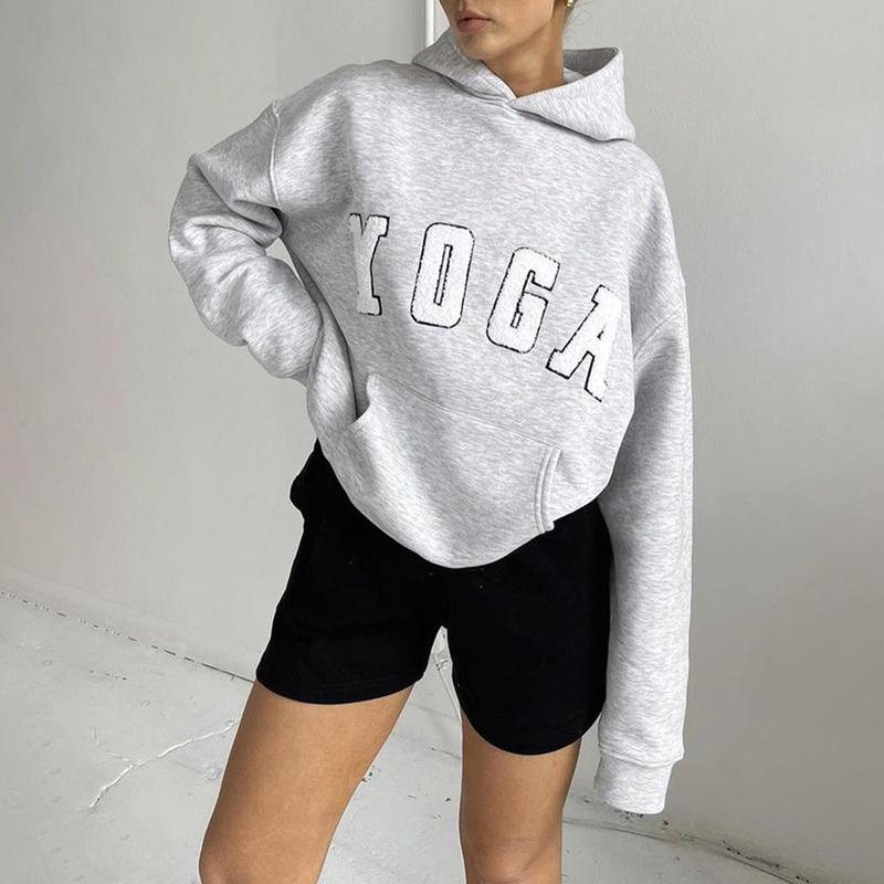 Women's YOGA Embroidered Drop Shoulder Sweatshirt, Casual Long Sleeve Hooded Pullover for Spring & Fall, Ladies Clothes for Daily Wear,  Tops for Women 5