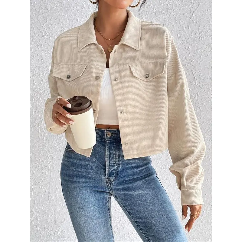 Women's Plain Button Front Collared Long Sleeve Jacket, Y2k Clothes, Casual Drop Shoulder Pocket Corduroy Jacket, Shacket Coat for Fall & Winter, Jacket for Women Back To School,  Jackets for Women, Holiday Outfits, Coats for Women, School Essentials 4