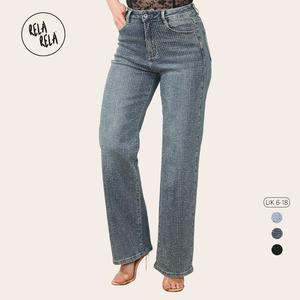 RELA RELA Women's Blue Viral Stretchy Mid-Waist Full Rhinestone Wide Leg Jeans UK 6-20 Denim Womenswear