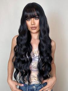 26 Inch Long Body Wavy Human Hair Wigs, Gorgeous Fluffy Glueless 200% Density Wigs with Blunt Bangs, Human Hair Full Machine Wigs for Party, Daily Use