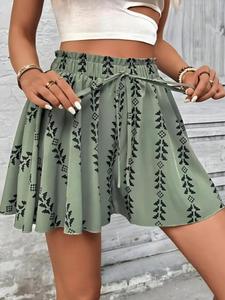 Women's All Over Print Knot Front Shorts, Casual Fashionable Shorts for Summer, Women's Bottoms for Daily Wear