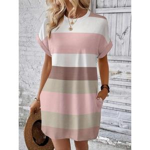 [Plus Size] Color Block Striped Print Round Neck Dress, Summer Casual Short Sleeve Round Neck Dress, Women's Daily Wear Plus Size Clothing, Women's Fashion Womenswear Tops trending t shirt funny  shirt Streetwear Crewneck
