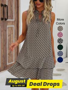 Women's Fashion All Over Geometric Print Frill Trim Tie Neck Tiered Layer Ruffle Hem Tank Dress, Bohemian Casual Sleeveless Short Dress for Summer, Ladies Clothes for Beach Holiday Vacation