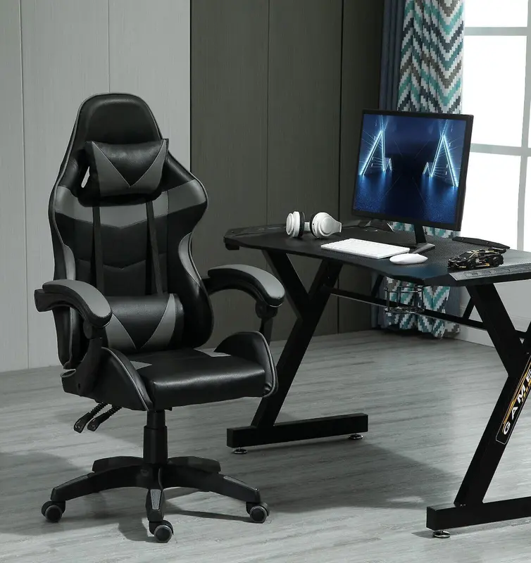 Swivel Gaming Chair Faux Leather A GREYComfortable gaming chair: Equipped with removable headrest pillow and lumbar cushion 0